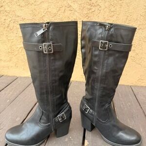 Black leather knee high boots with buckle by white mountain